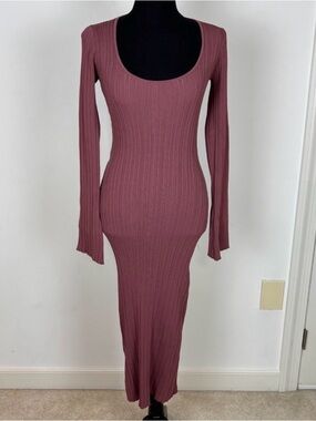 Ribbed Scoop Neck Long Sleeve Midi Dress - Mauve